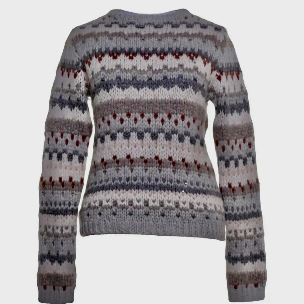 Brunello Cucinelli Cashmere Silk Fair Isle Sweater XS (Fits S) Gray Beige Carmin
